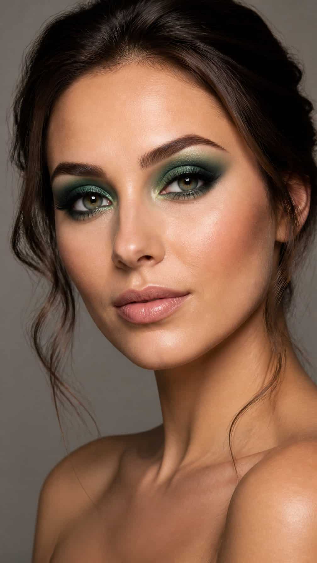 Close-up portrait of a woman wearing blended emerald green smoky eye makeup and a neutral lip.