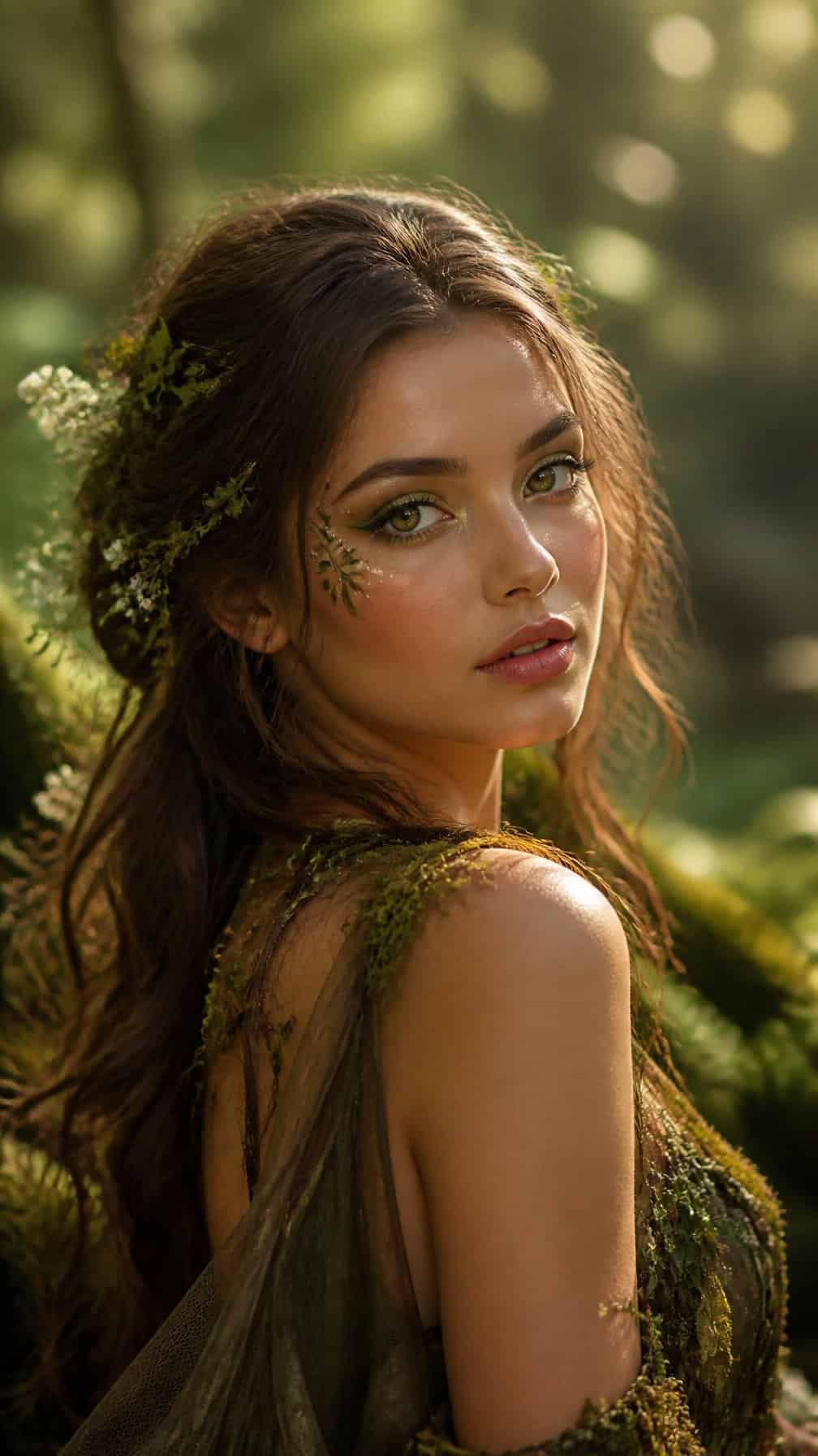 A woman dressed as an enchanted woodland nymph stands in a sunlit forest with leafy makeup and flowers in her hair.