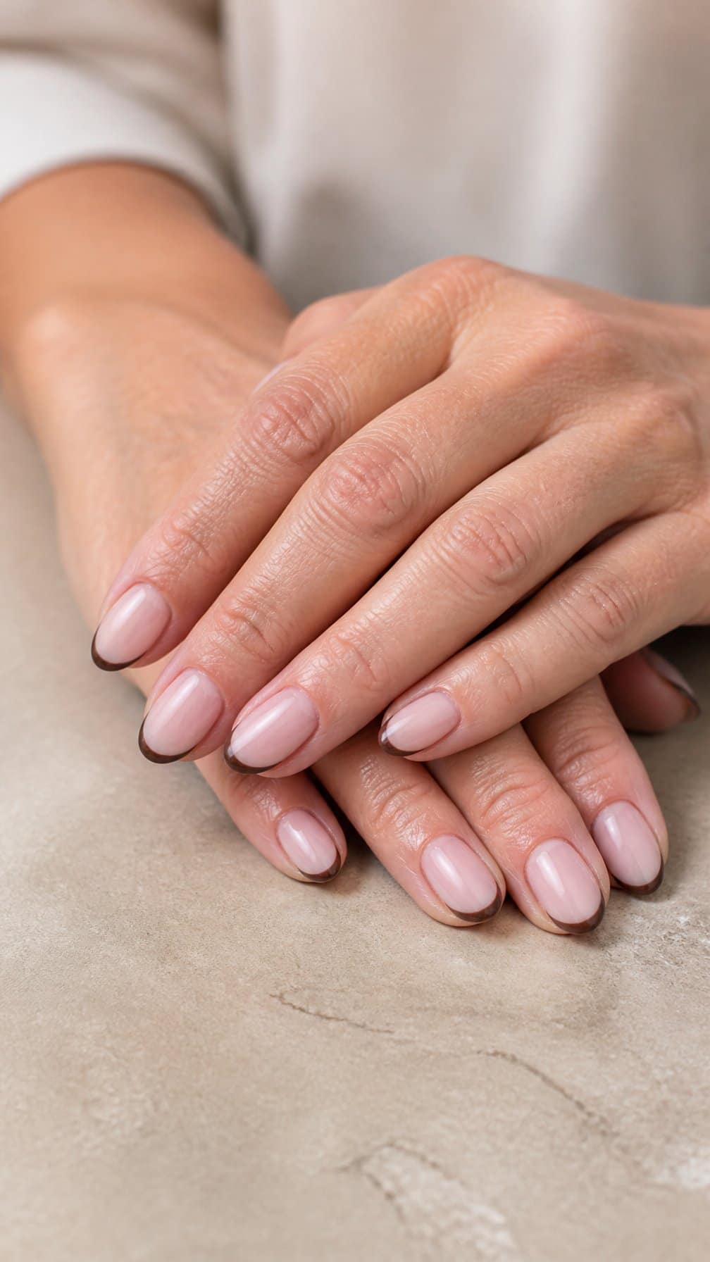 Mature woman’s hands displaying sheer pink nails with elegant espresso-brown French tips.