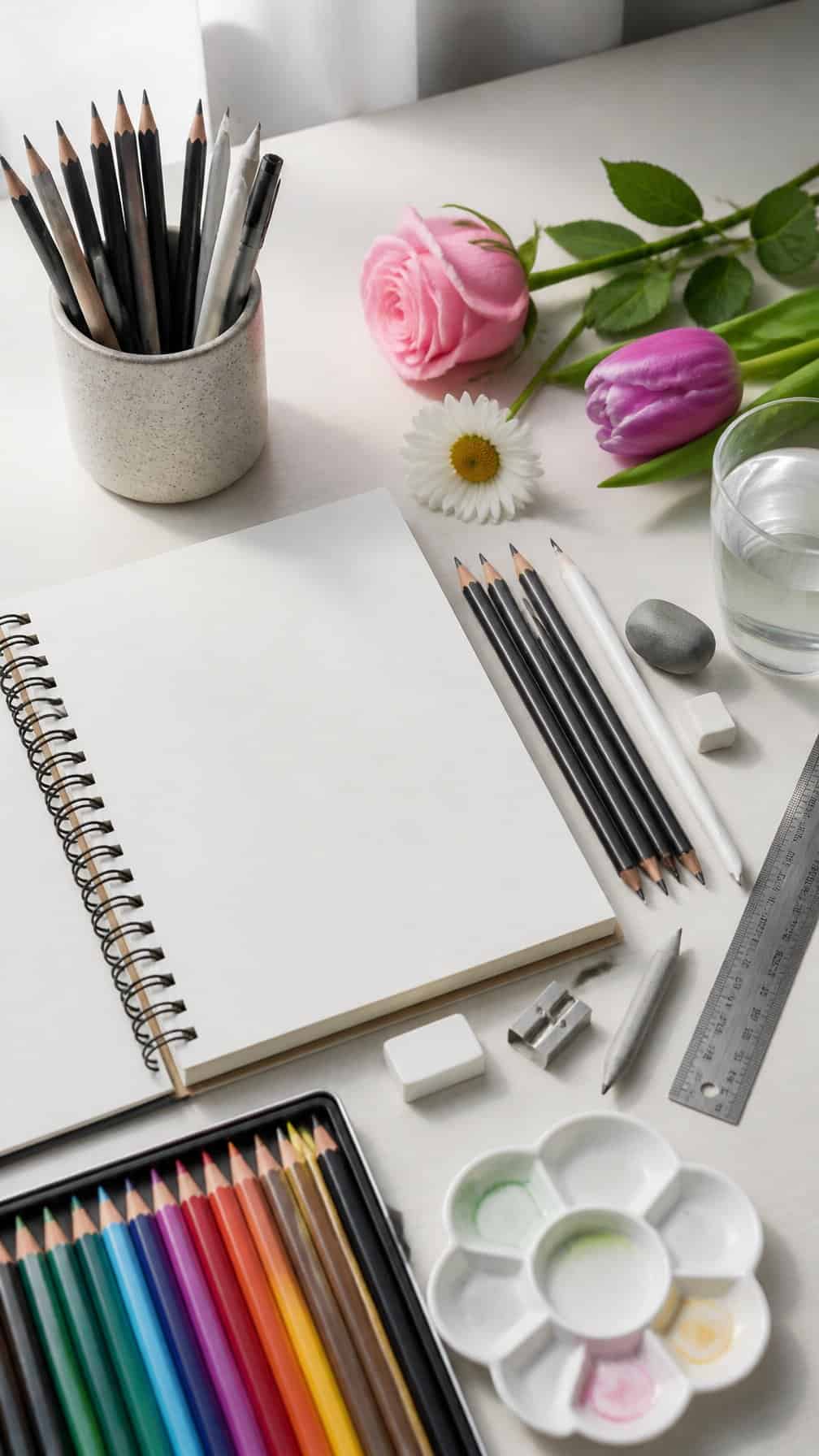 A neatly arranged flower drawing workspace with a sketchbook, art tools, and fresh flowers.
