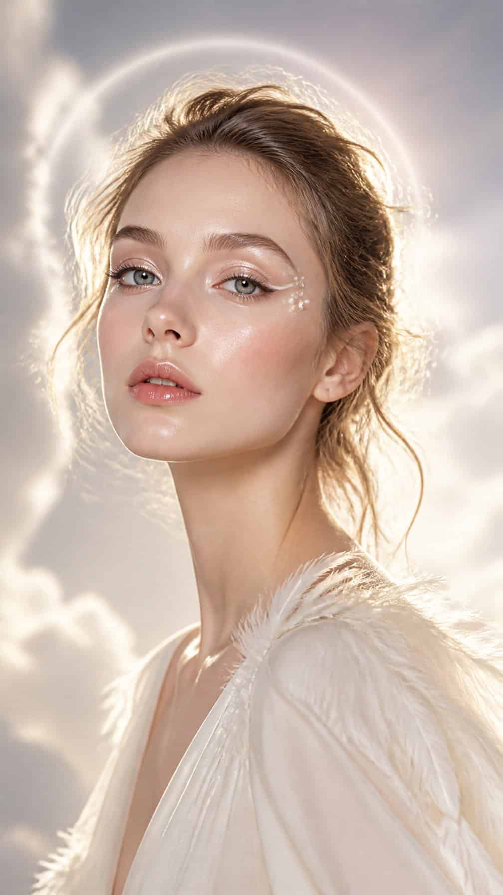 A woman wearing luminous angel-inspired makeup and a white garment against a soft, dreamy background.