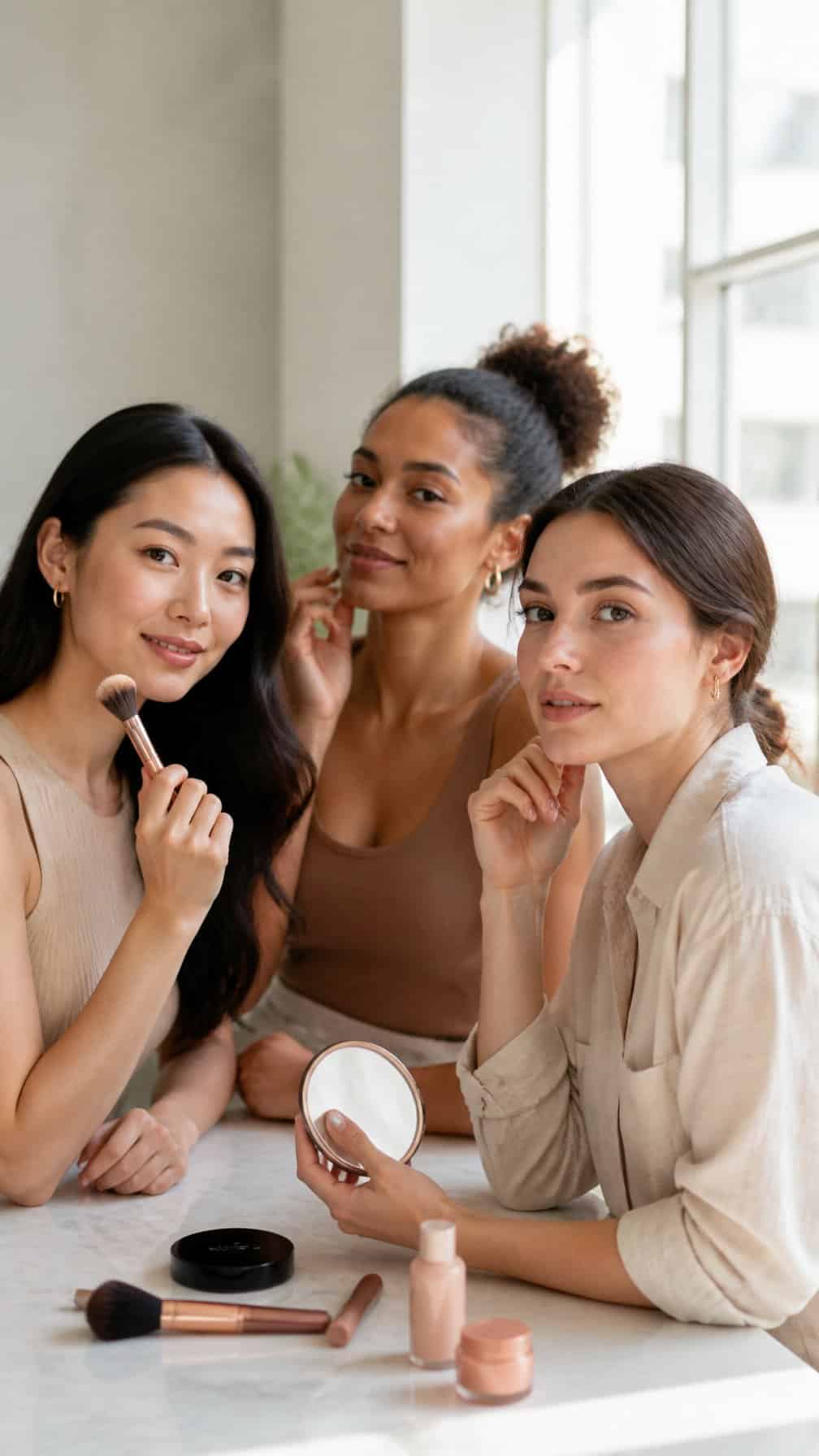 Three women with different skin tones wearing subtle everyday makeup in a bright modern room.