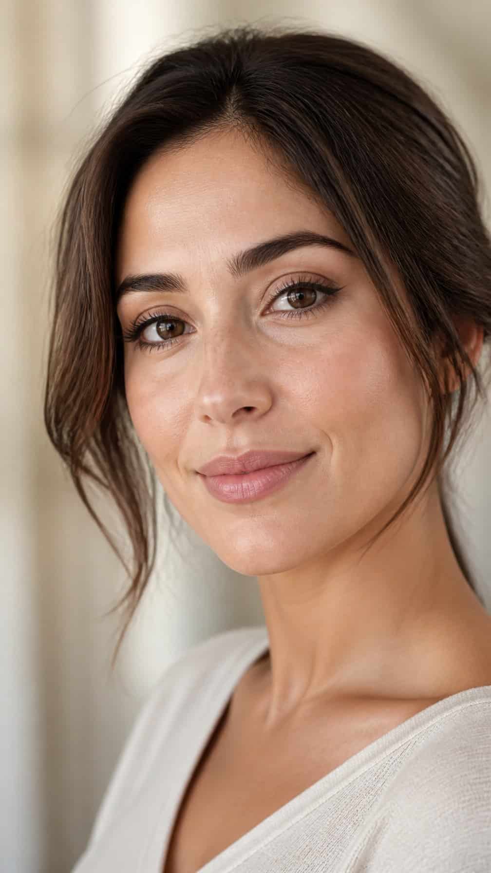 A woman wearing natural makeup with softly winged eyeliner looks toward the camera.