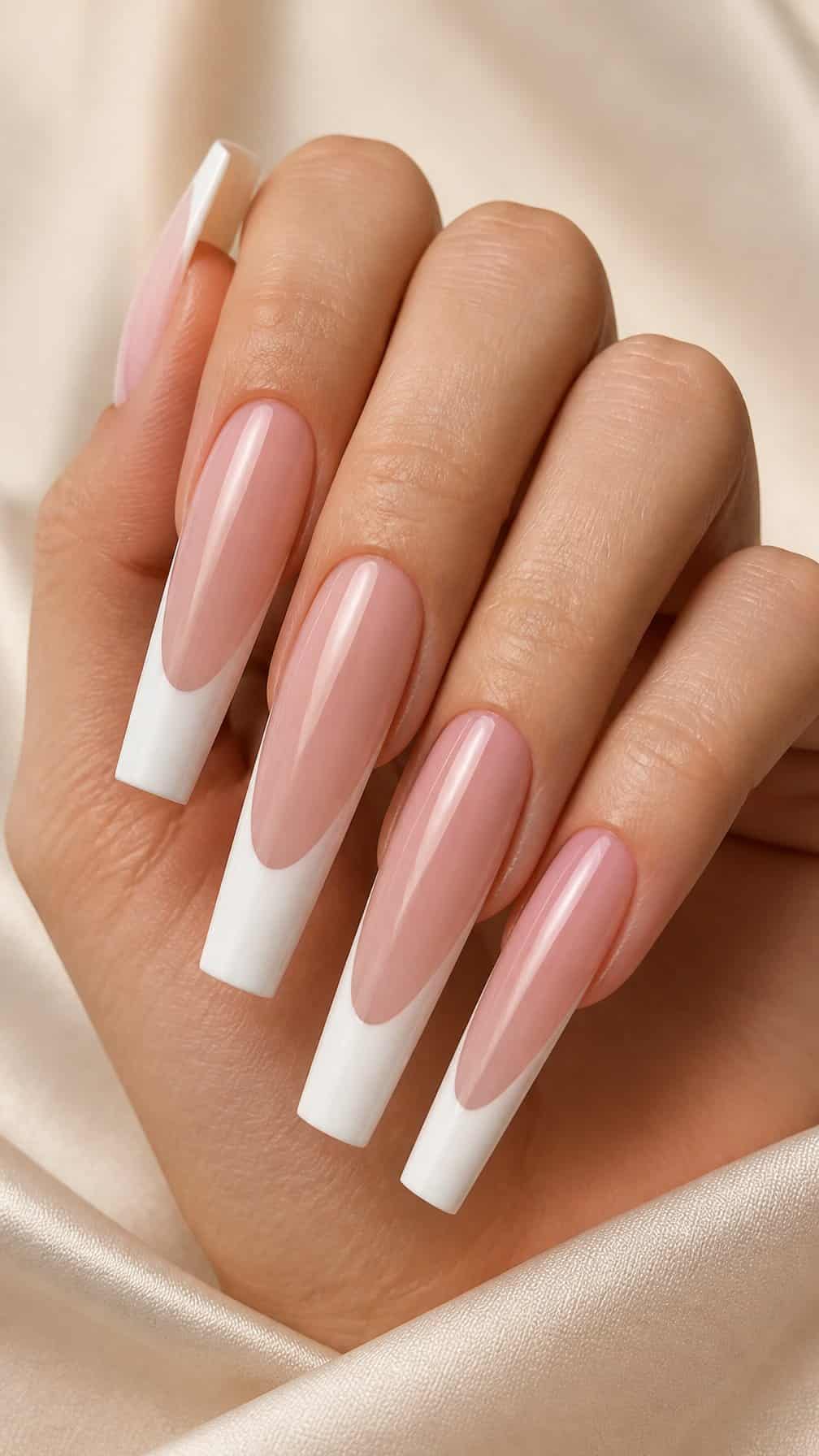 A hand displaying extra-long coffin-shaped nails with white French tips.