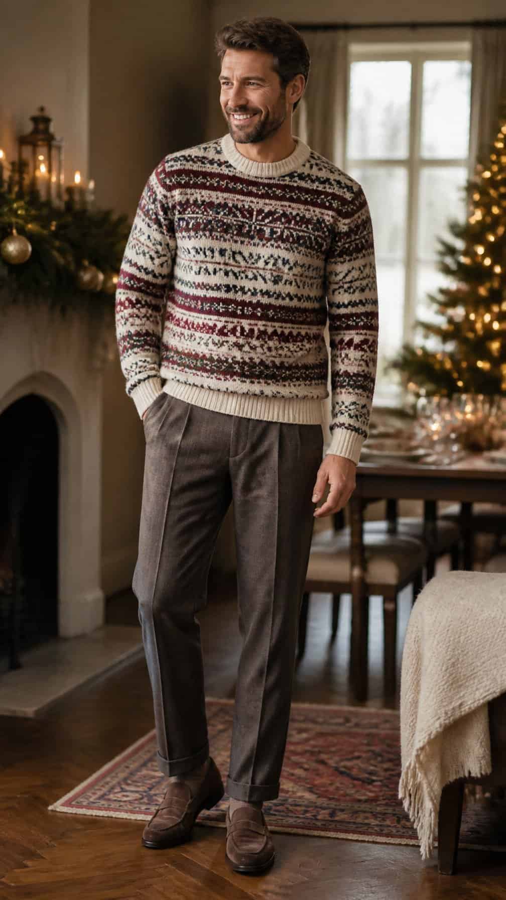 A person wearing a patterned Fair Isle sweater and pleated trousers in a warmly decorated Christmas living room.