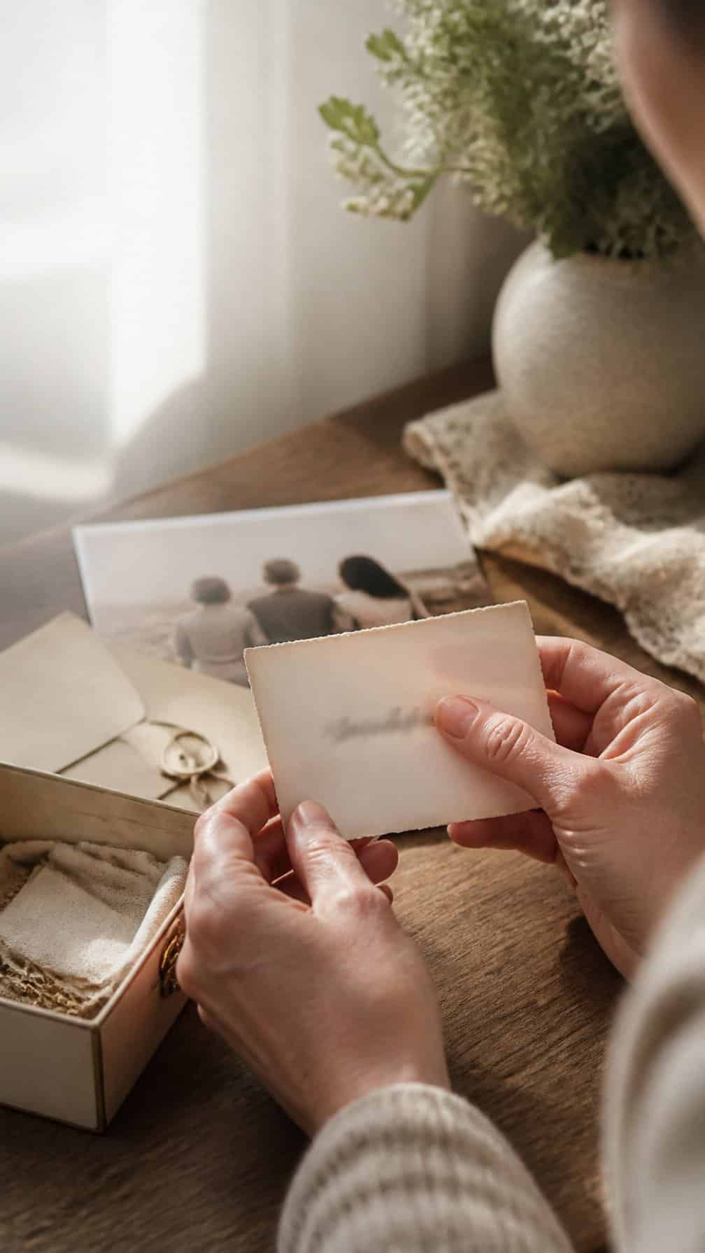 Hands hold a family keepsake beside personal mementos in warm natural light.