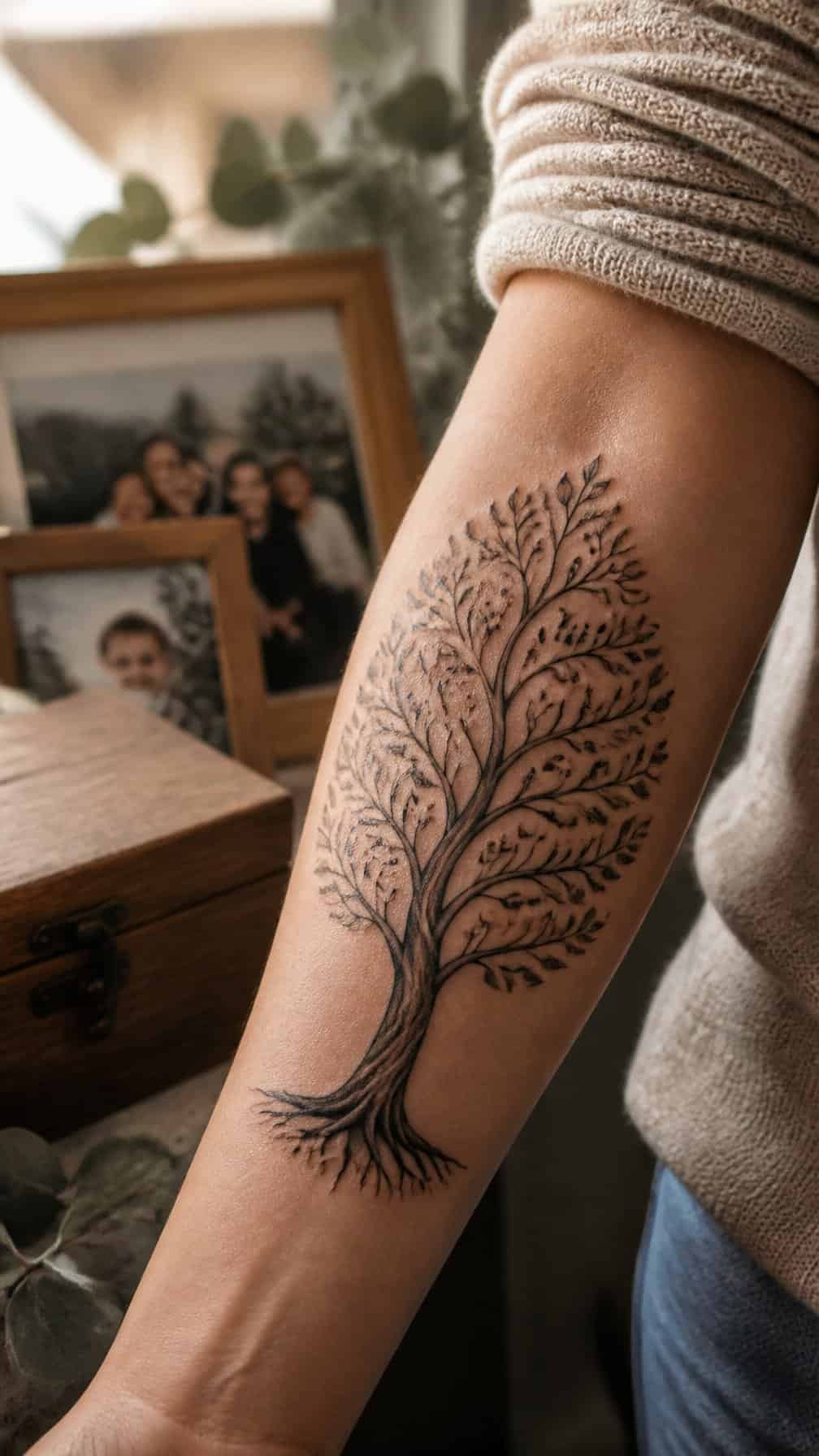 Close-up of an arm with a detailed family tree tattoo surrounded by softly blurred family keepsakes.