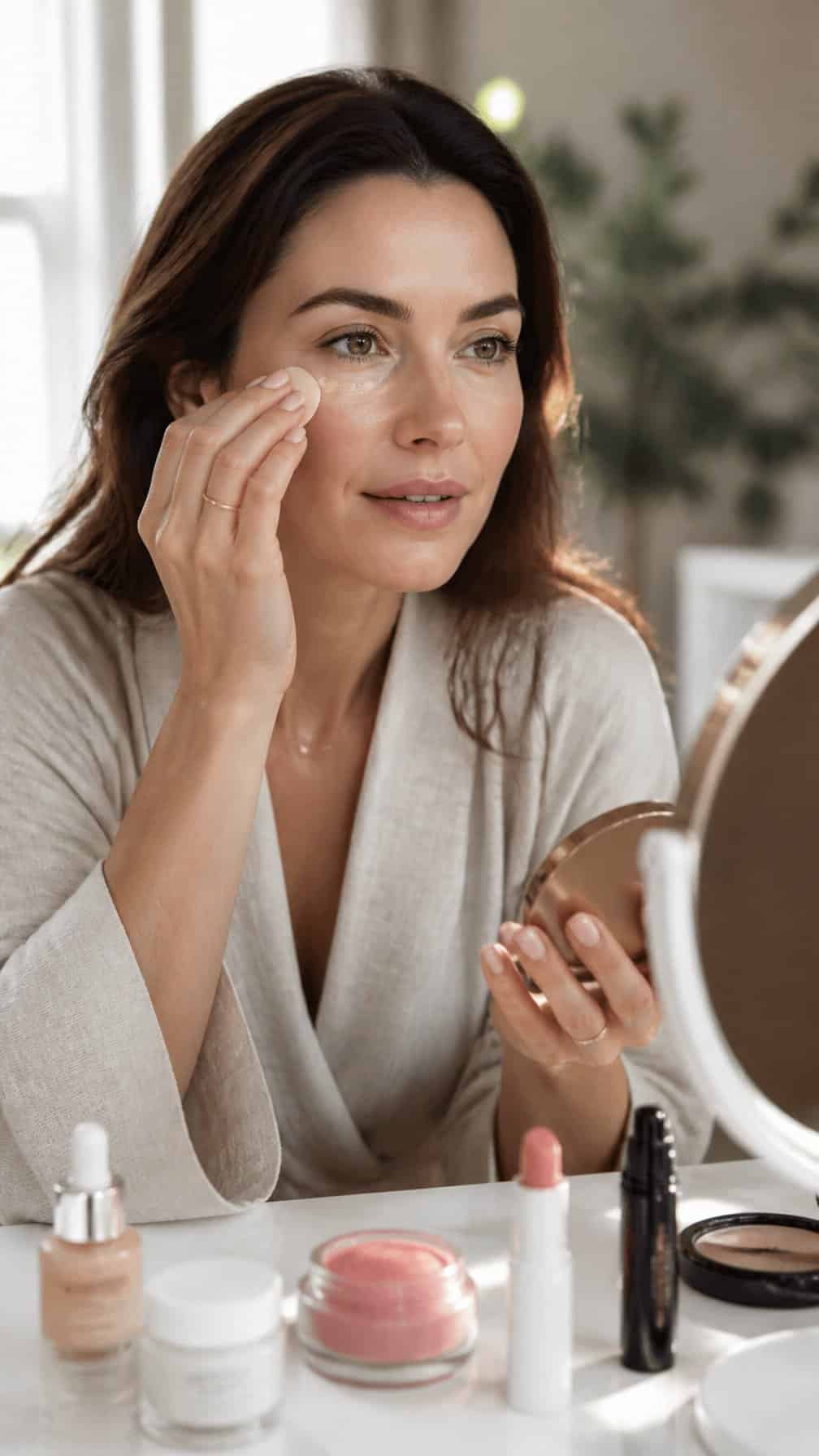 Woman applying simple makeup in a bright bathroom during her morning routine.
