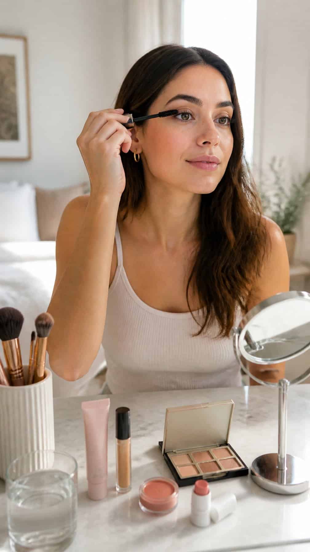 A woman applies natural makeup at a bright morning vanity surrounded by everyday cosmetics.
