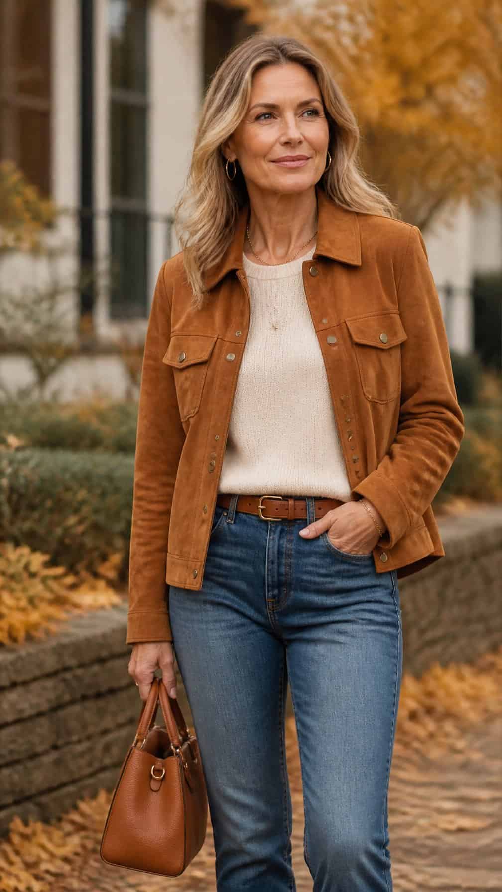 A mature woman wearing a tan suede jacket and straight-leg jeans stands outdoors among autumn foliage.