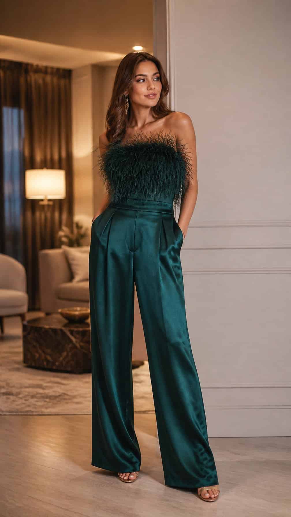 A woman wearing a feather-trimmed top and satin trousers stands in an elegant interior.