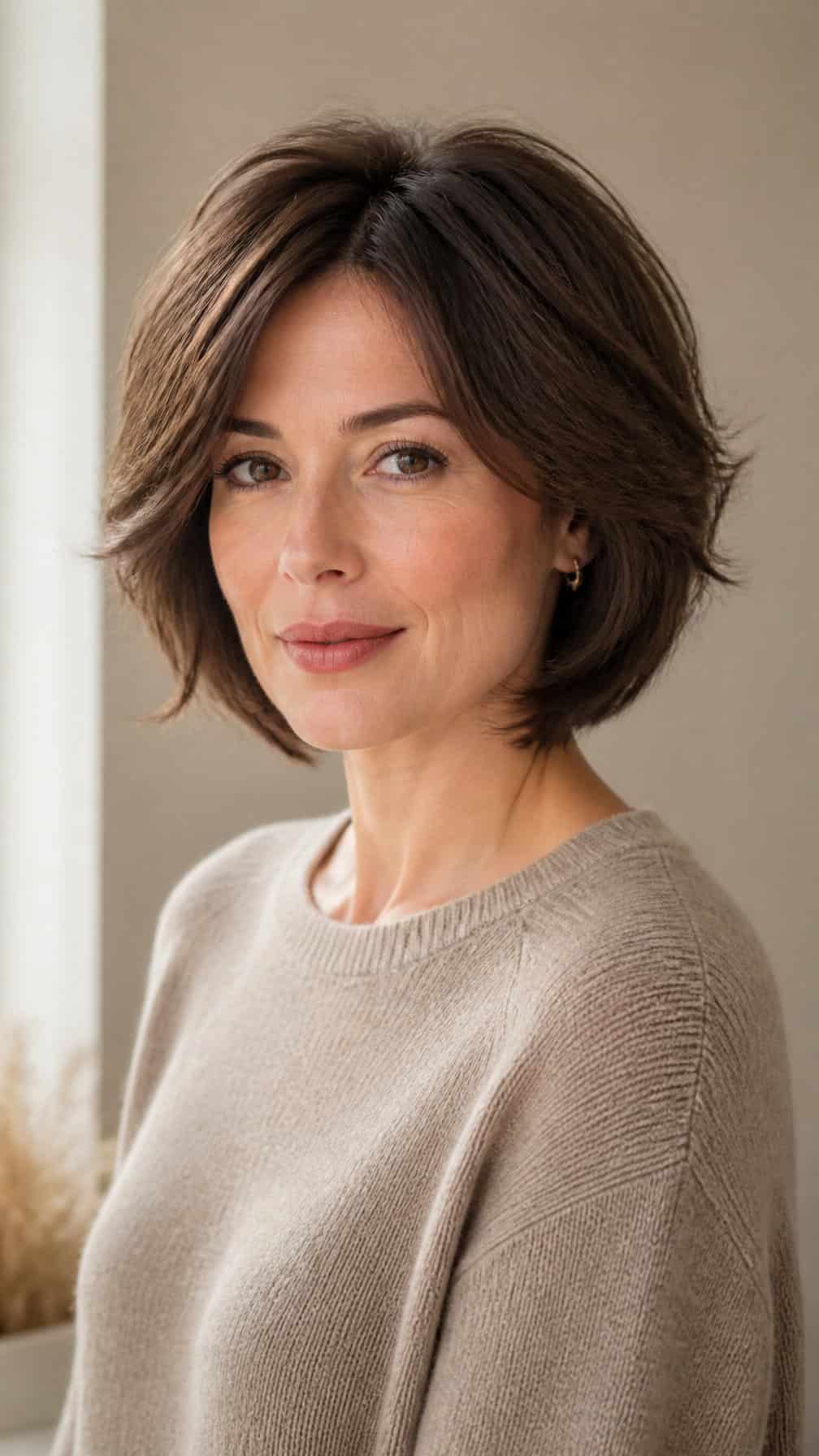 Woman with a chin-length feathered bob haircut posing in a softly lit studio.