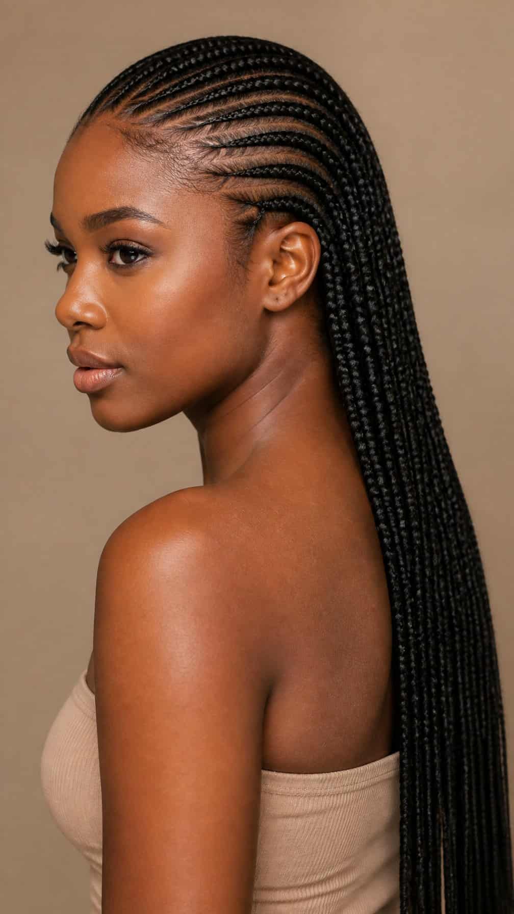 A woman poses against a neutral background with her hair neatly arranged in long rows.