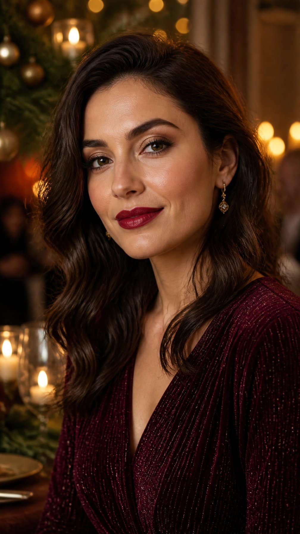Woman wearing festive makeup and elegant evening attire at a holiday party.