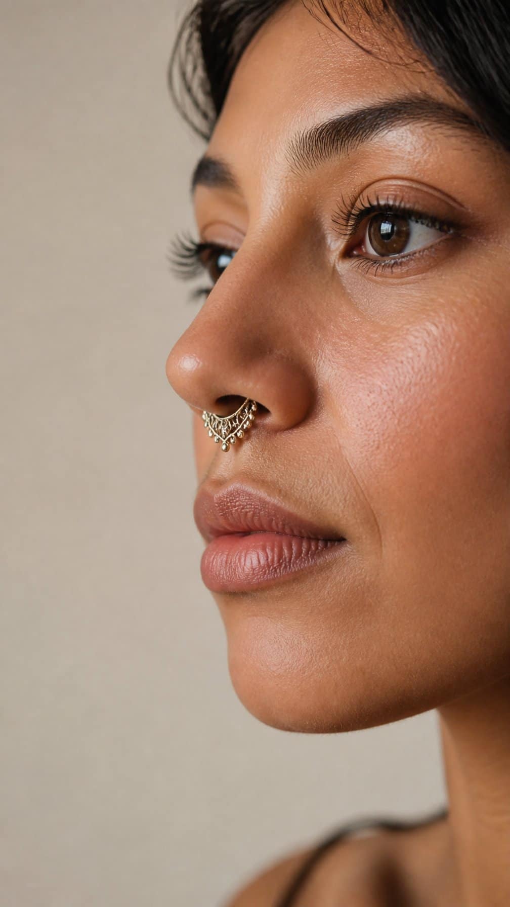 Close-up portrait of a person wearing an ornate filigree mandala septum ring.