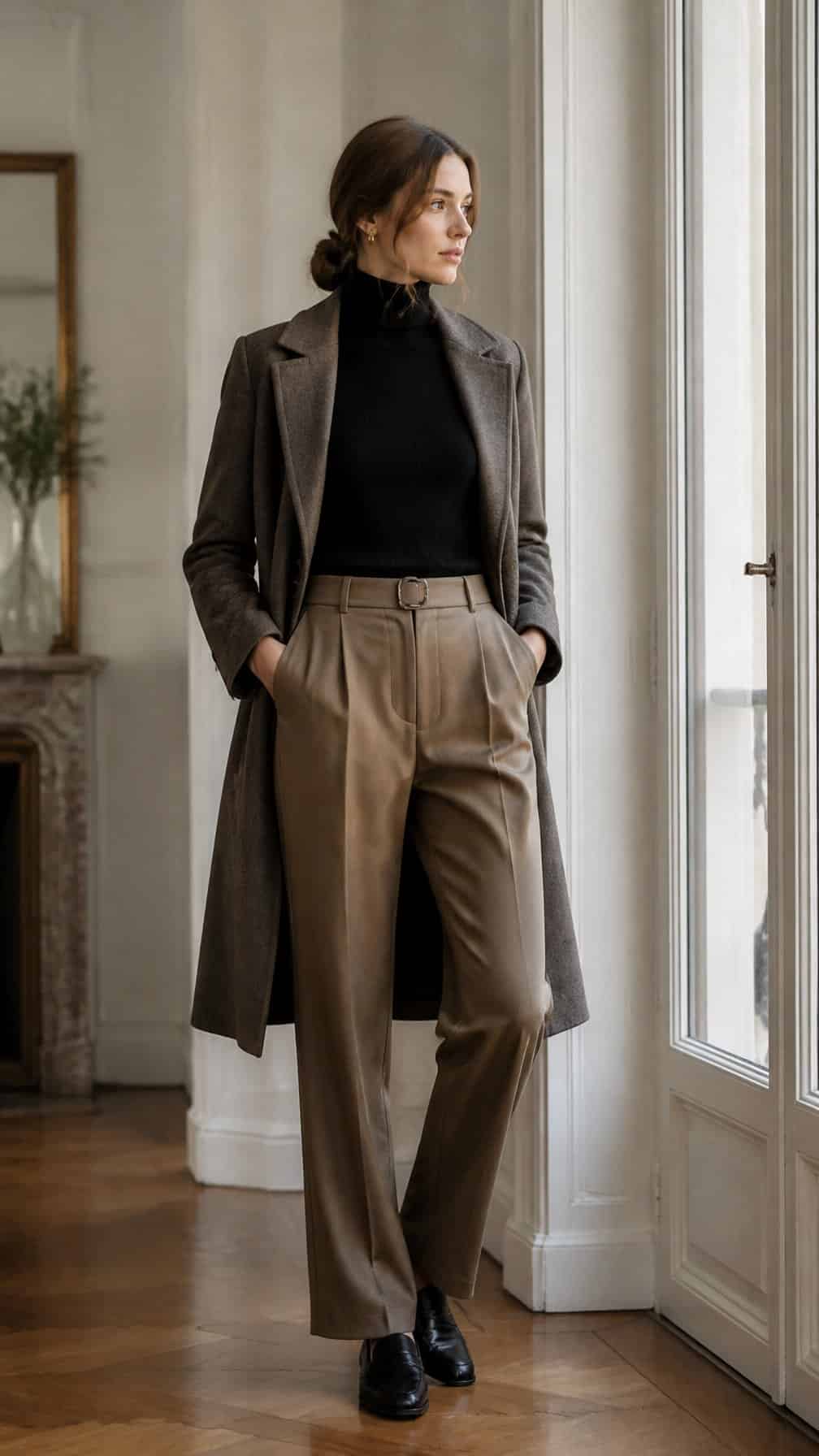 A person wearing a black turtleneck, tailored trousers, and a classic coat in an elegant indoor setting.