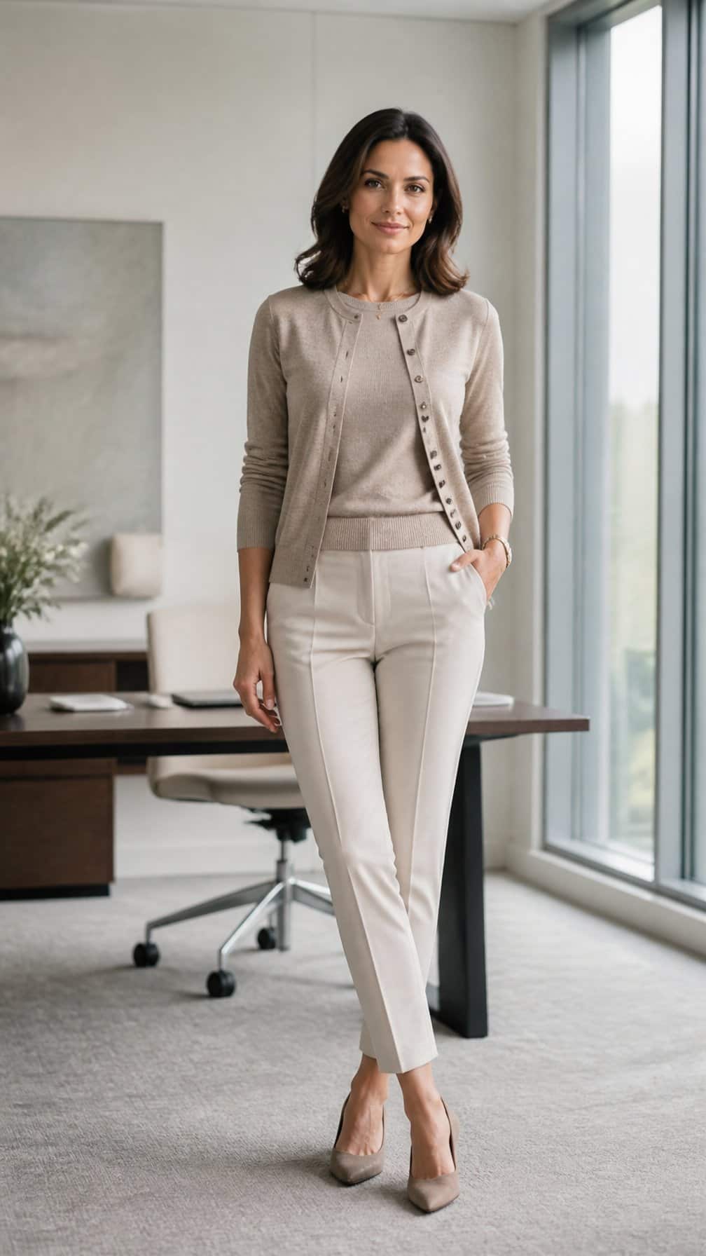Professional woman wearing a fine-knit twinset and tailored cigarette pants in a modern office.