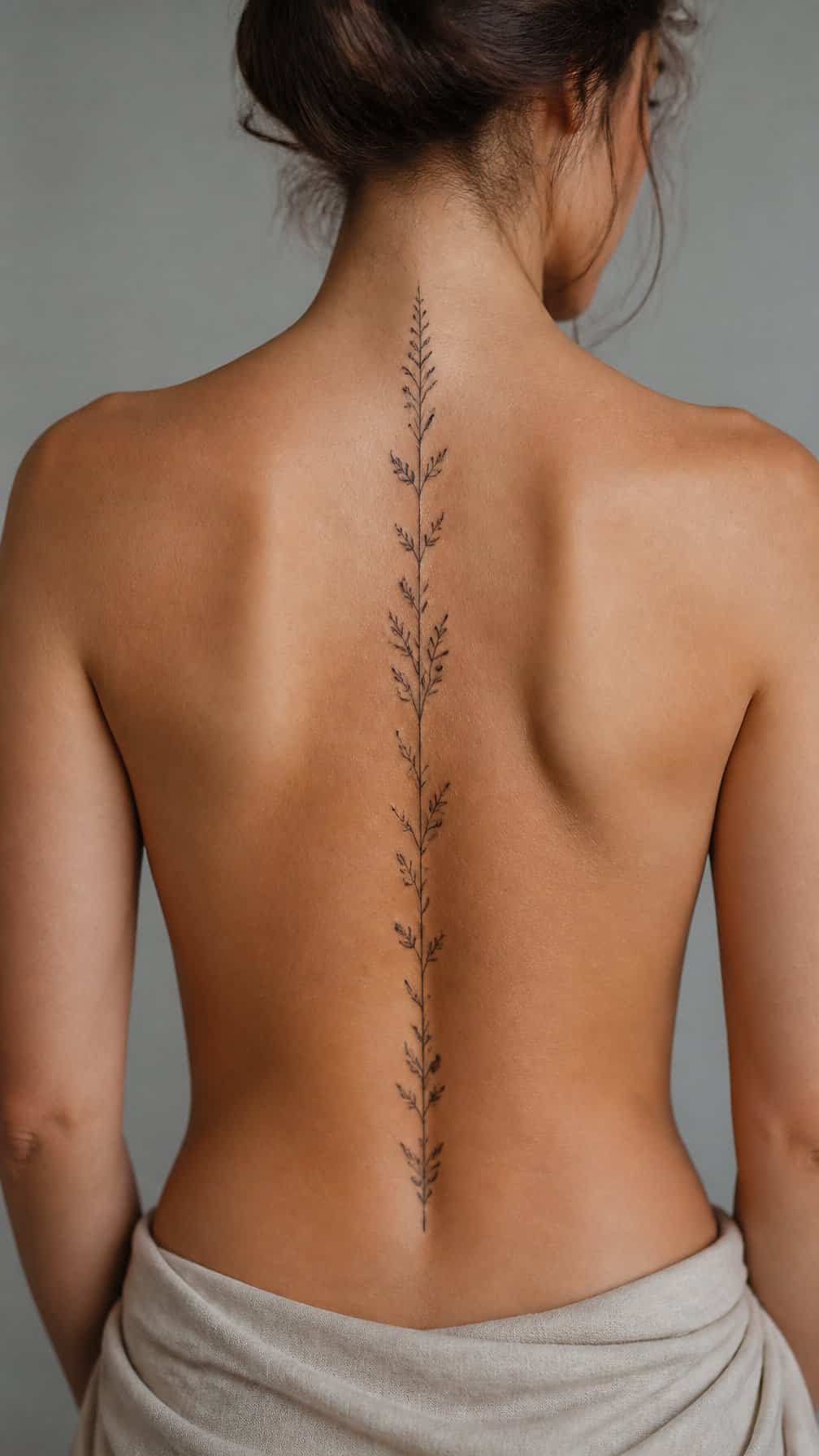 A person’s back with a delicate botanical tattoo running vertically along the spine.