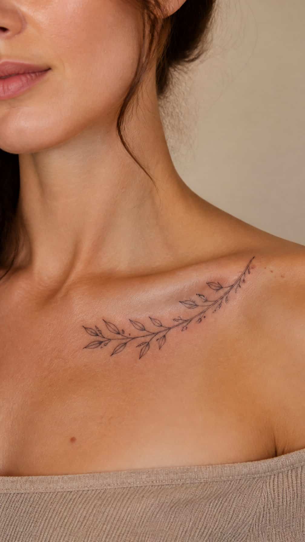 A close-up of a woman with a delicate botanical sprig tattoo tracing her collarbone.