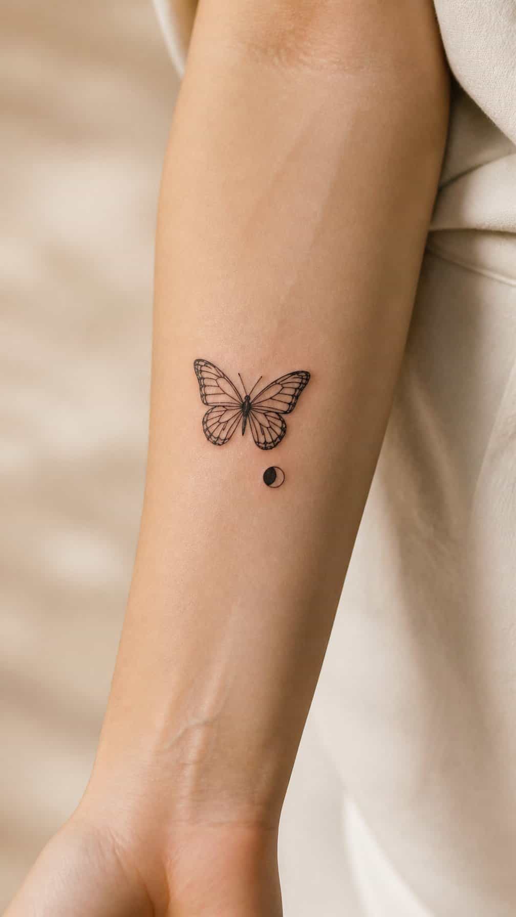 A delicate butterfly tattoo appears beside a small lunar eclipse symbol on a person's forearm.