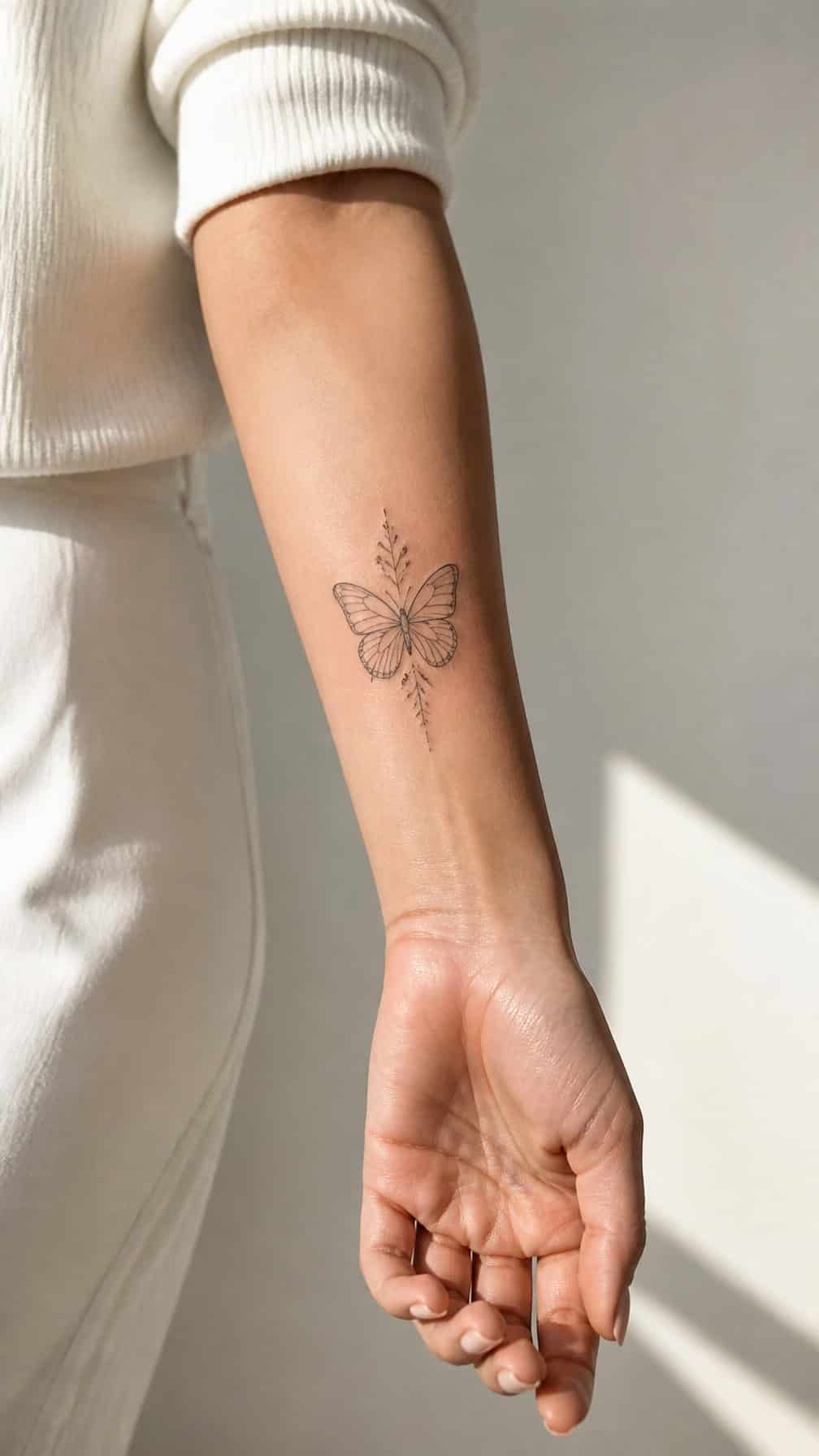 A woman’s forearm displaying a delicate butterfly tattoo.