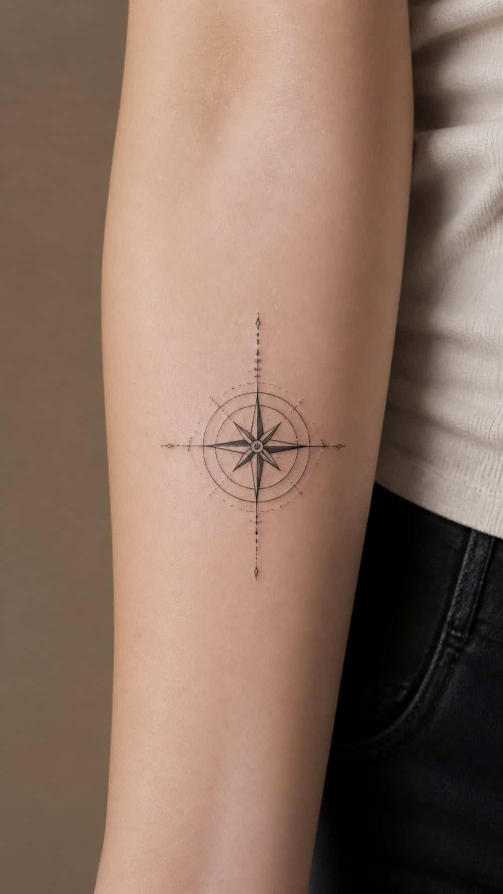 A fine-line compass tattoo on natural skin.