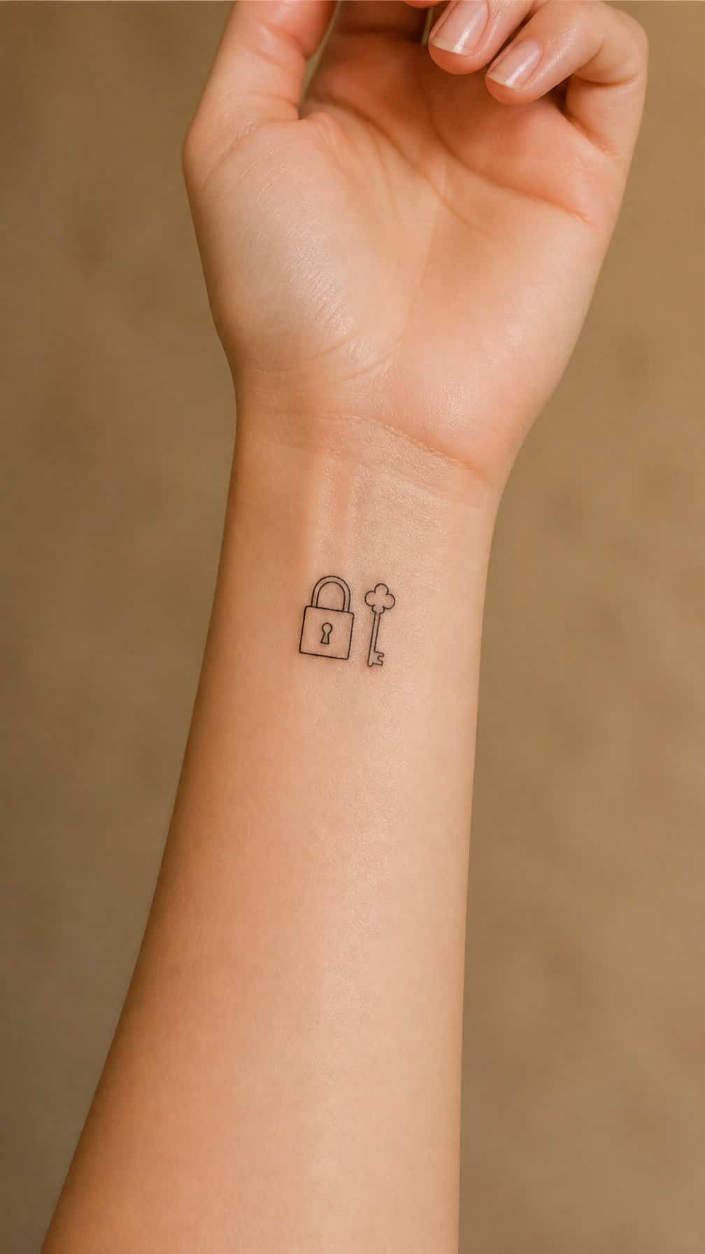 A small lock and key tattoo on a person’s inner wrist.