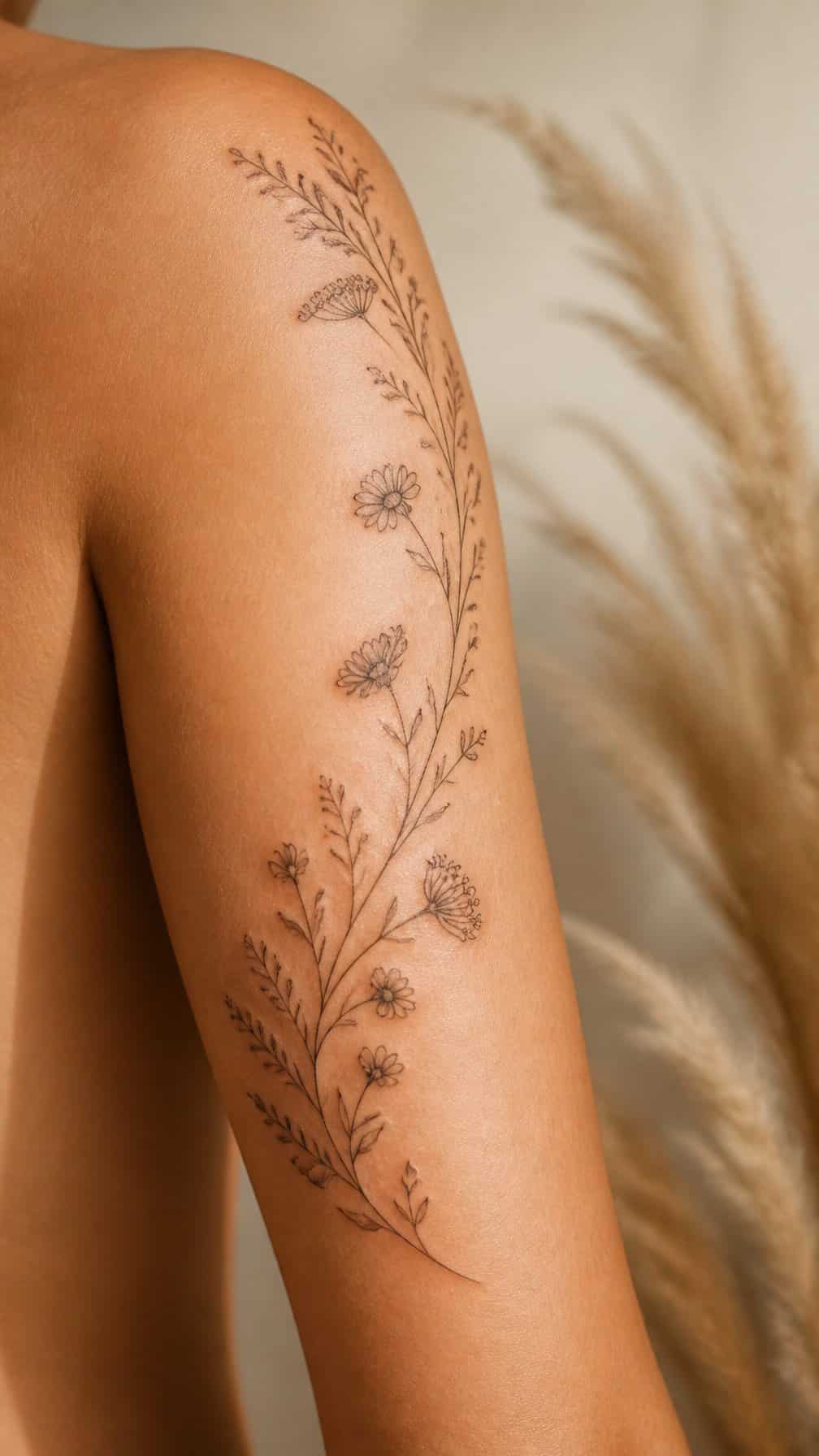 A delicate wildflower tattoo curves from a person’s shoulder along the upper arm.