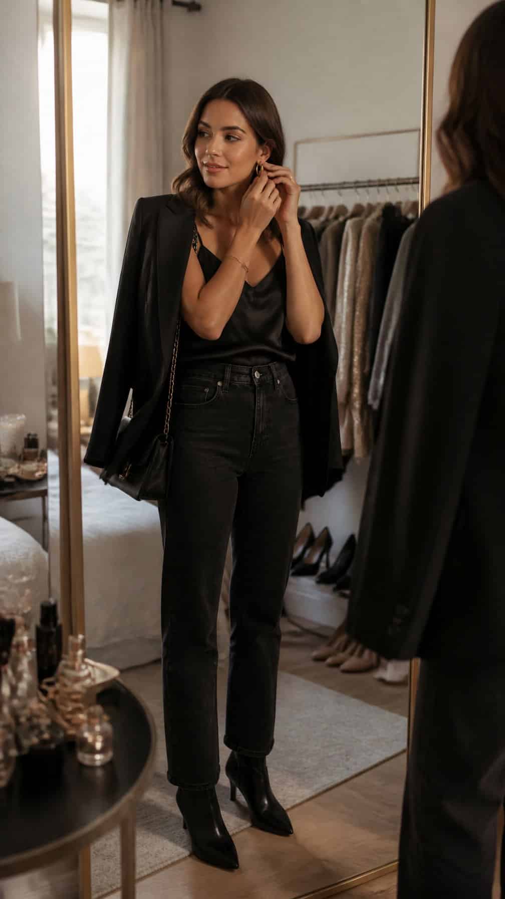A woman adds jewelry to a relaxed, polished outfit while getting ready for a night out.