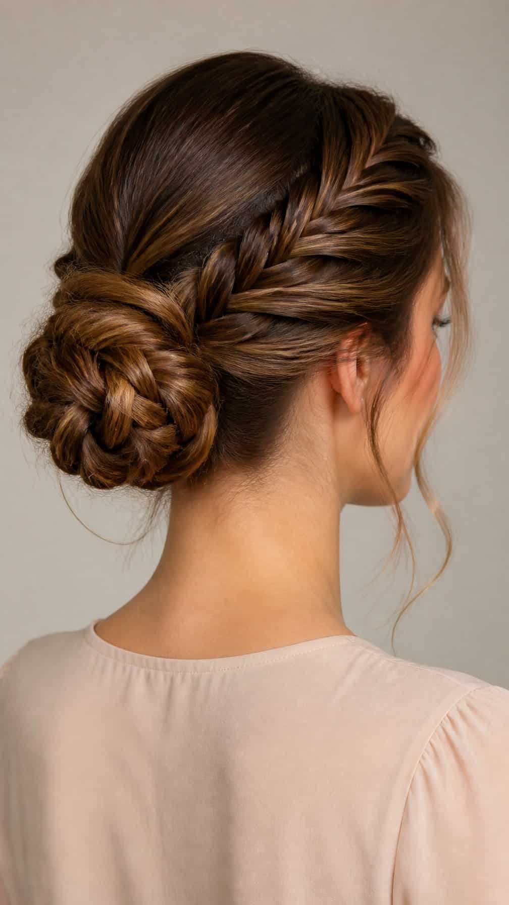 Woman with a fishtail braid gathered into a bun at the back of her head.