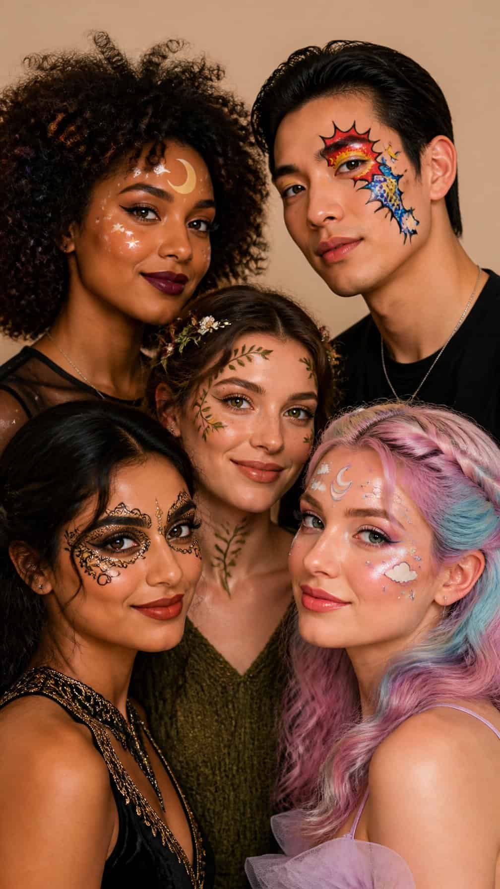 Five adults display colorful, creative Halloween makeup looks in a bright studio.