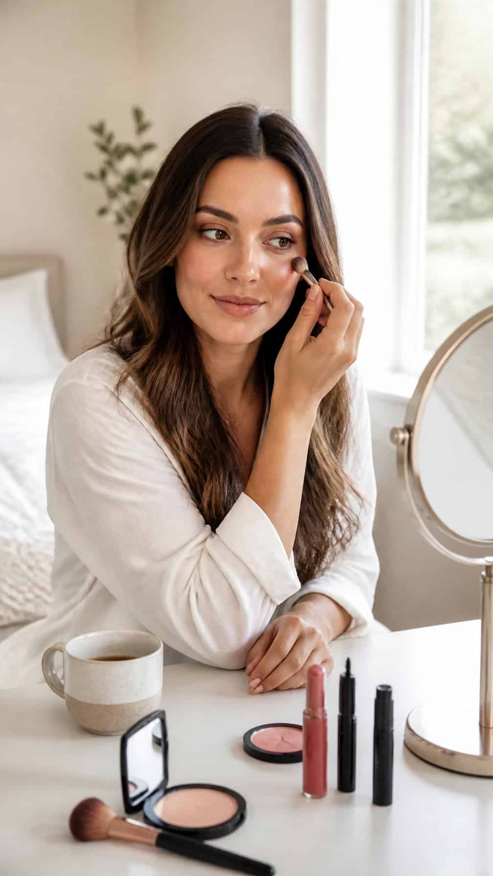 Woman applying natural makeup at a vanity beside a cup of coffee.