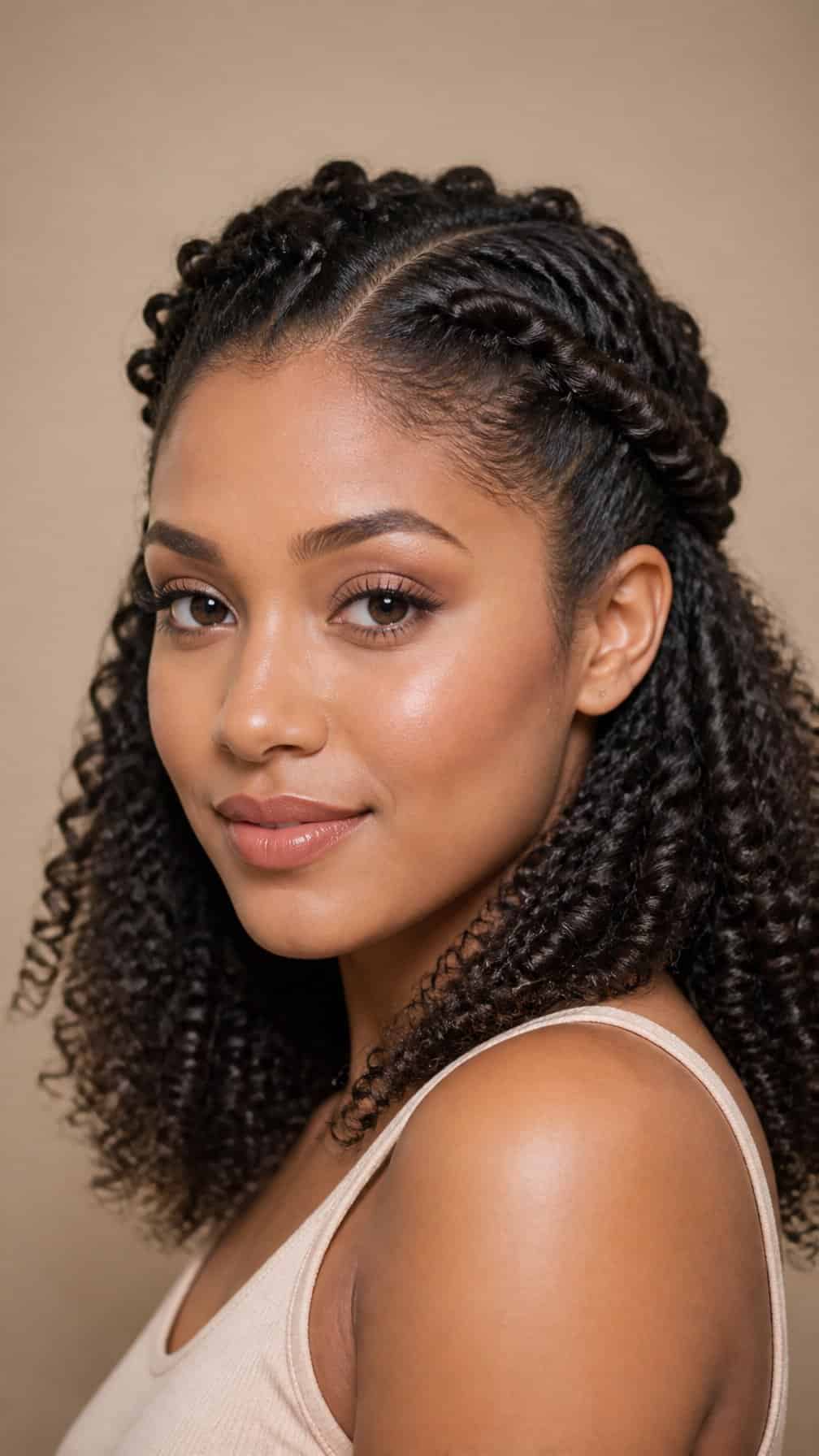 Person wearing a twisted crown hairstyle with loose curls falling over the shoulders.