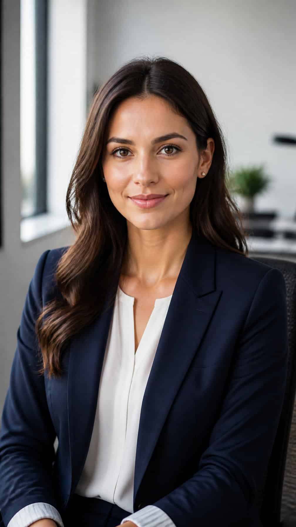 A professional woman with polished natural makeup wearing a blazer in a bright office.