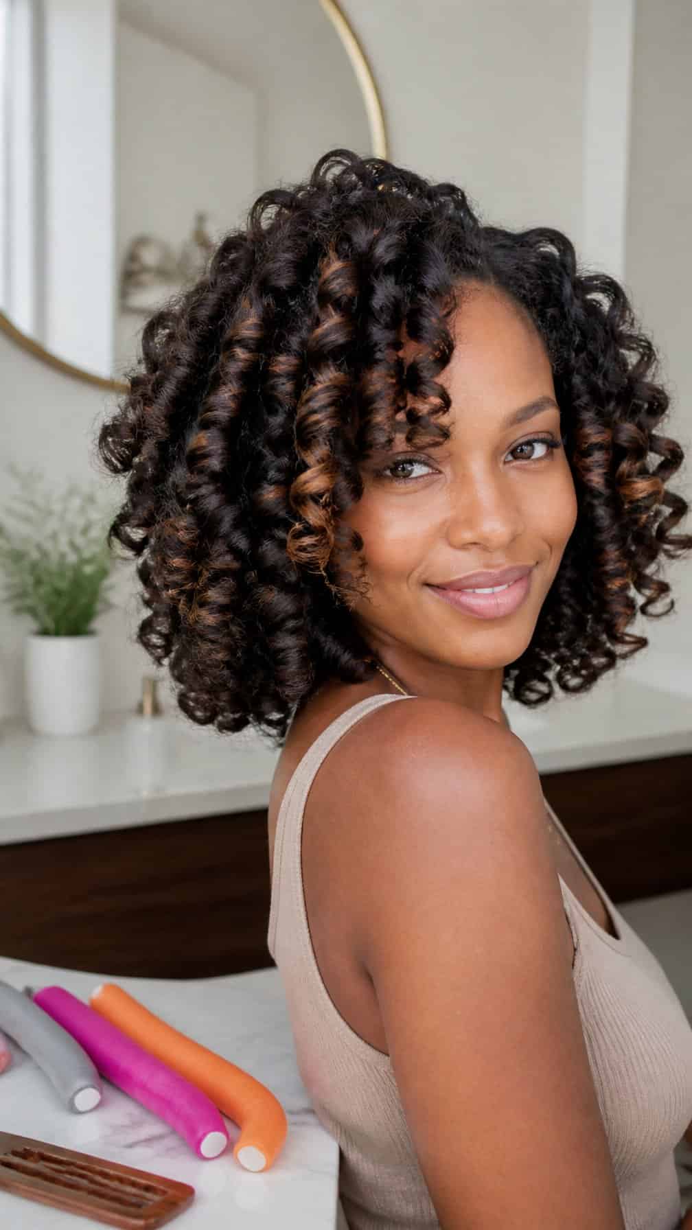 Woman with defined spiral curls from a flexi-rod set standing beside curling rods and a comb.