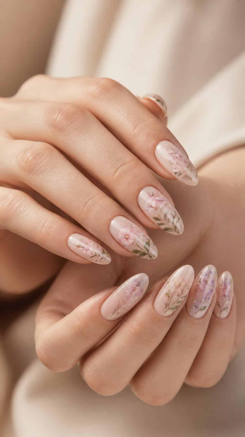 Hands with long almond-shaped nails decorated with delicate floral designs.