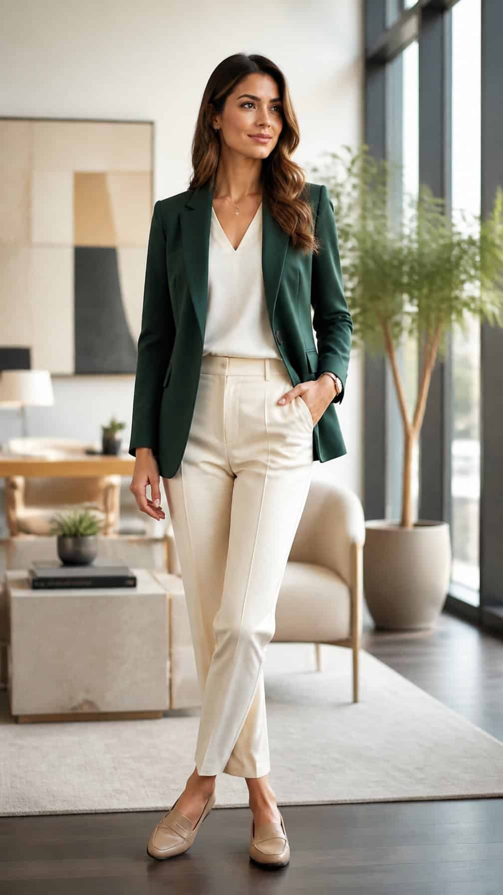 A woman wears a forest green blazer with cream trousers in a modern office setting.