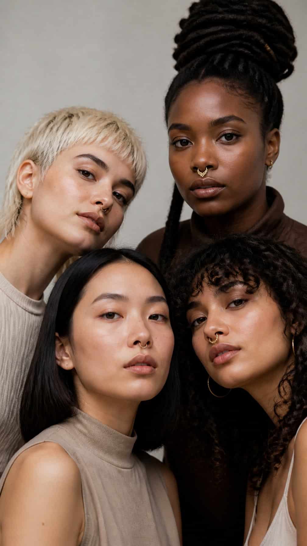 Four adults display different septum piercings in a studio portrait.