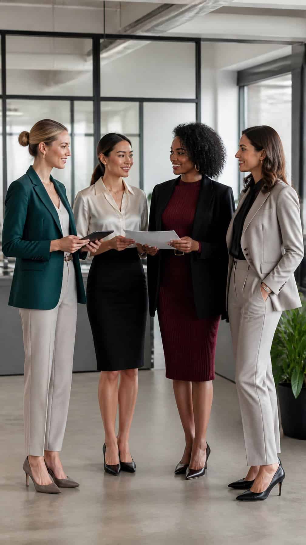 Four professional women wearing polished office outfits stand together in a bright modern workplace.