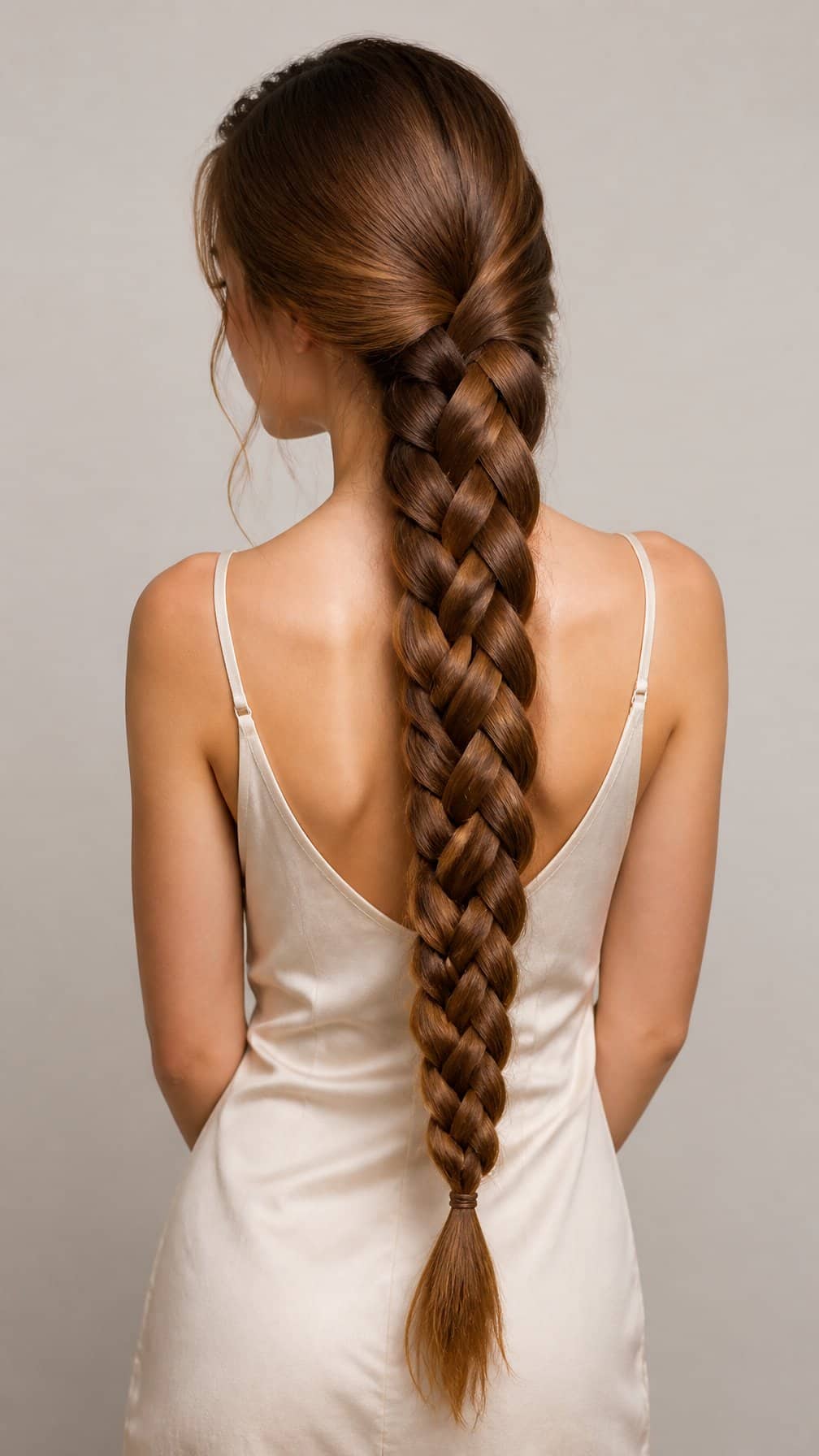 A person shown from behind wearing a long, neatly woven four-strand braid.