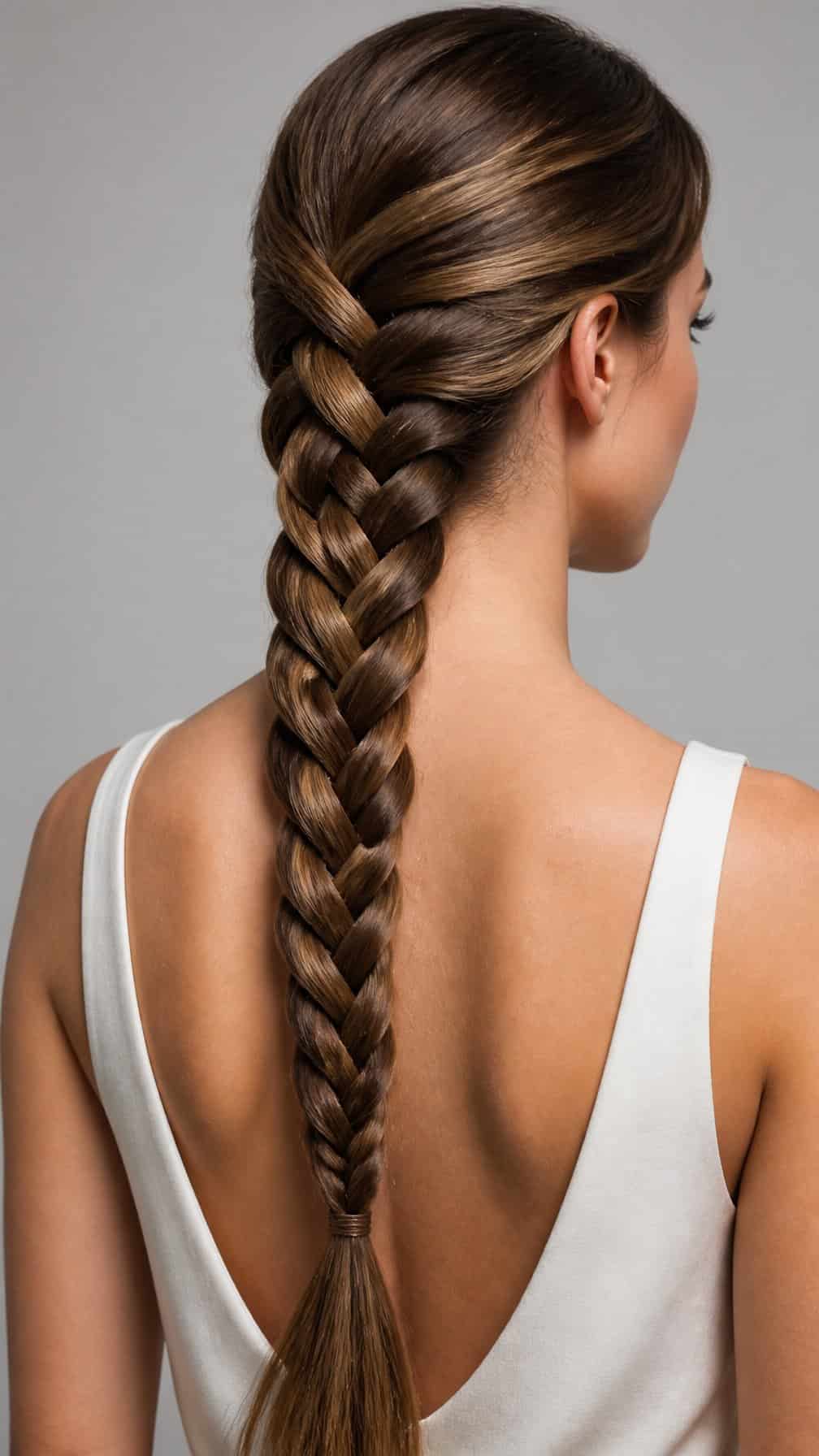 A woman with long hair styled in a neat four-strand braid down her back.