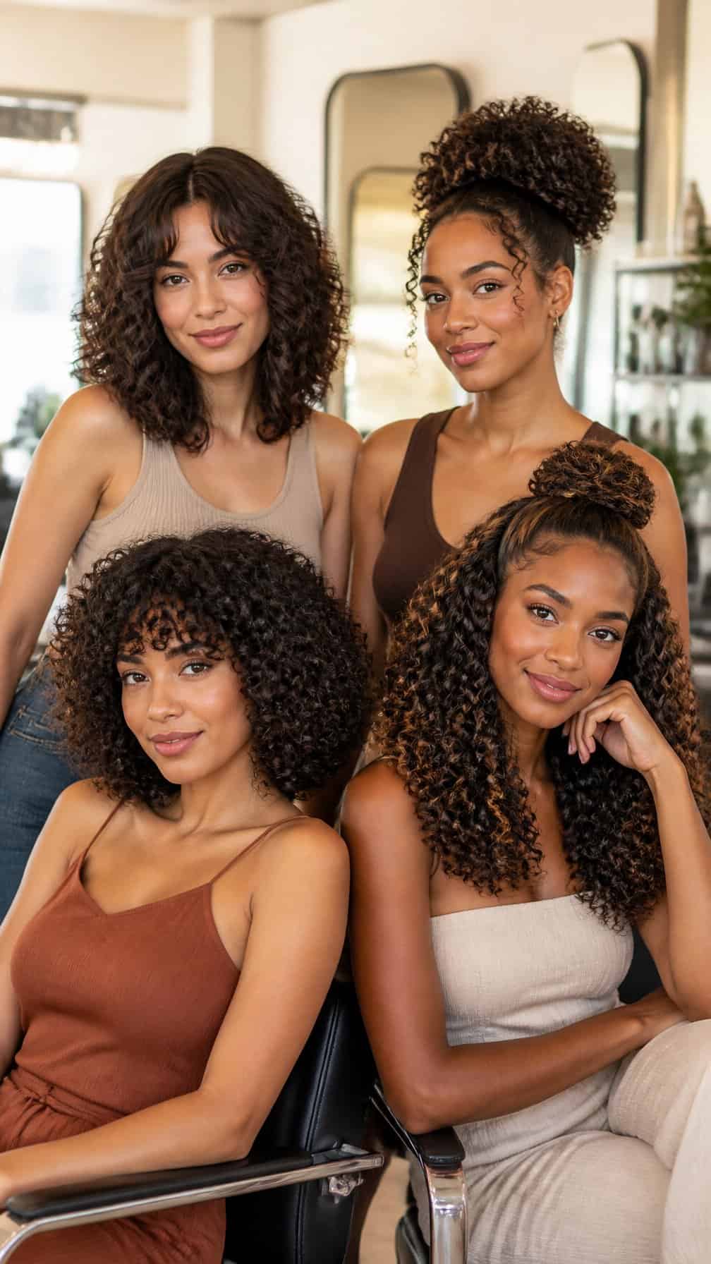 Four women with different curly hairstyles pose together in a bright salon.