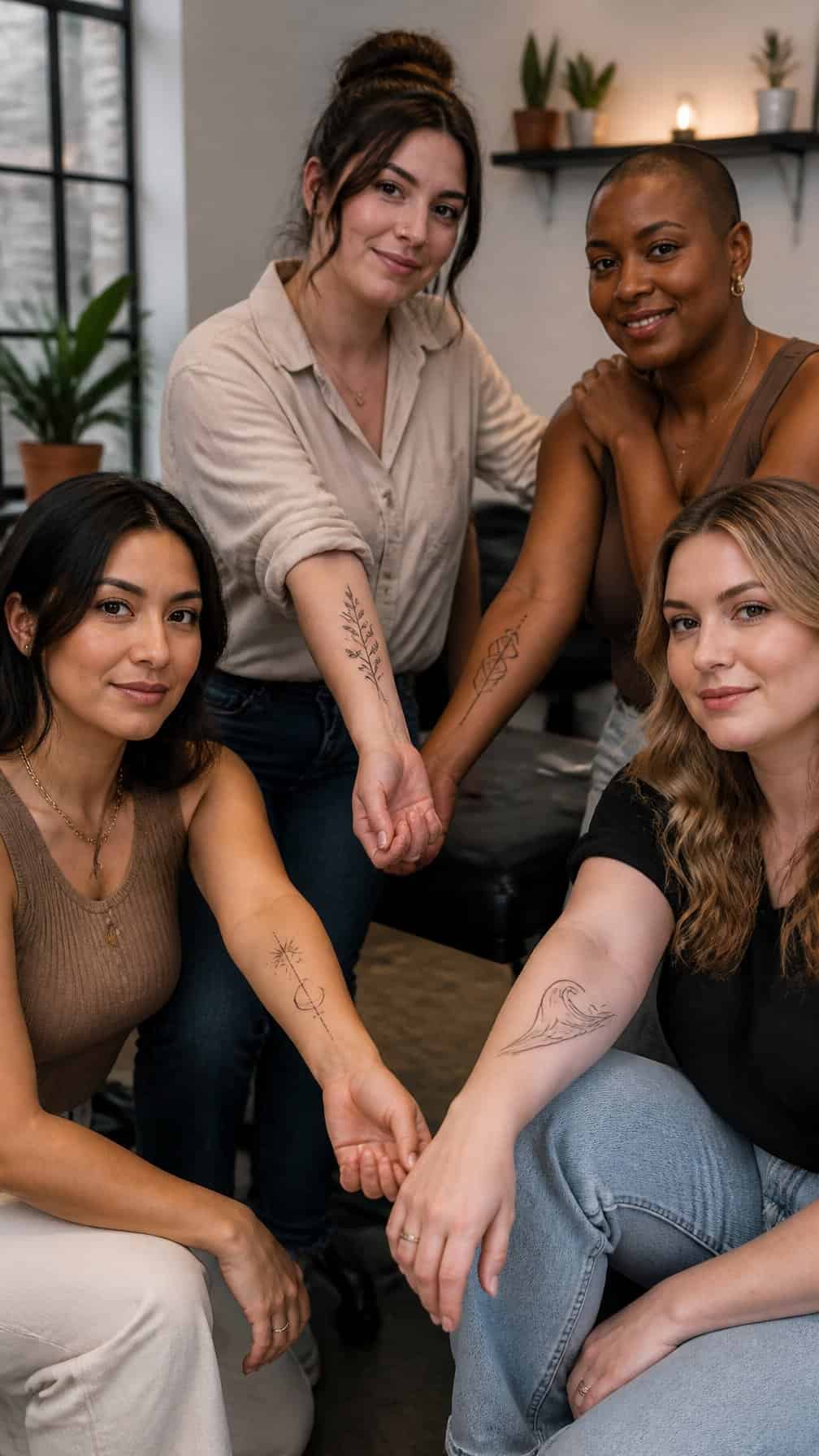 Four women in a tattoo studio display different designs on their forearms.