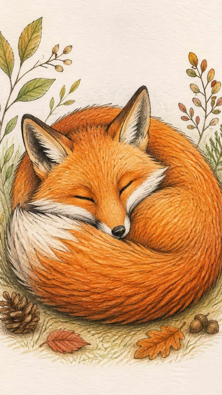 A hand-drawn artwork of fox curled around its tail.