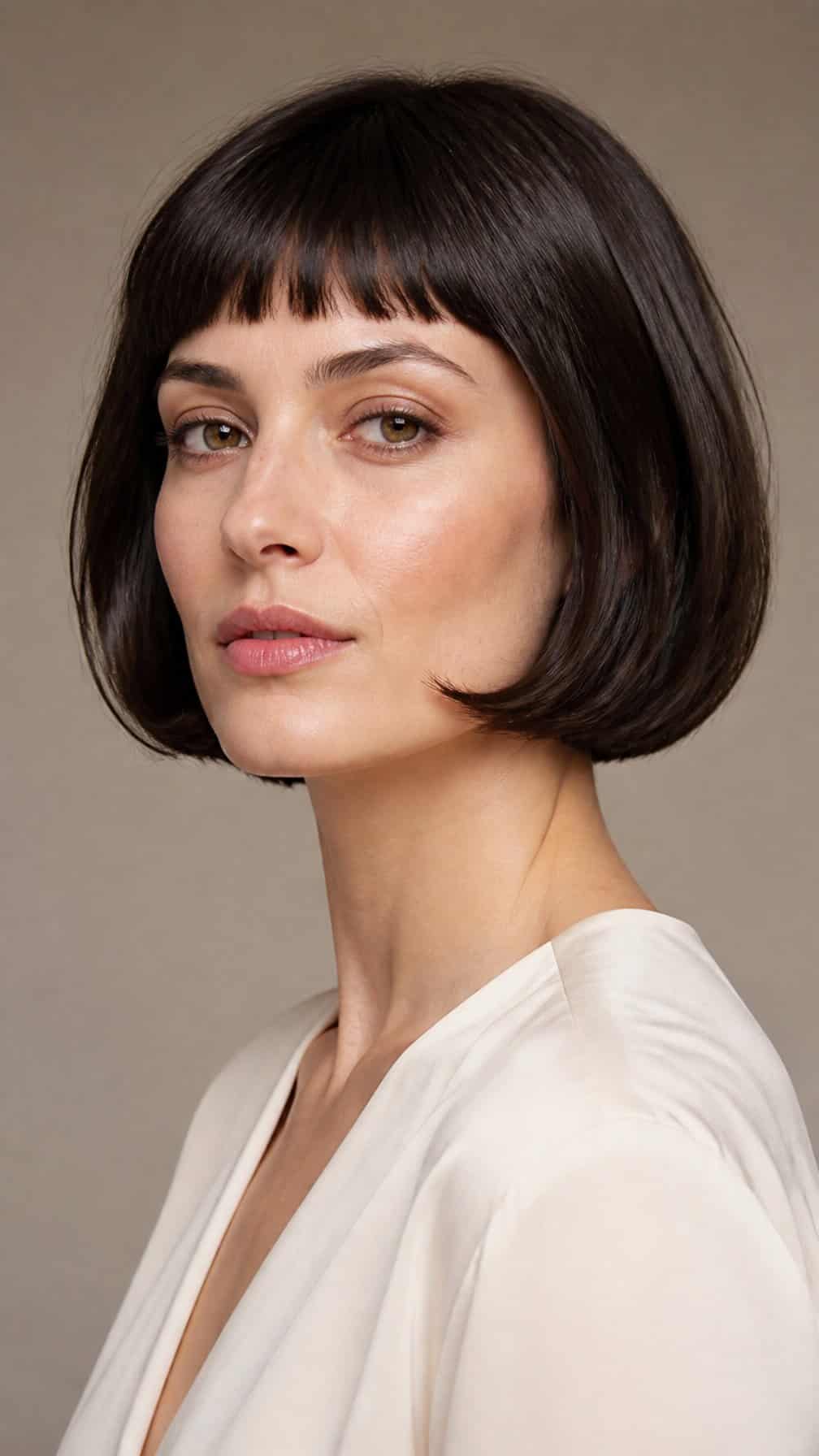 Woman with a chin-length bob haircut and short bangs, shown in a three-quarter portrait.