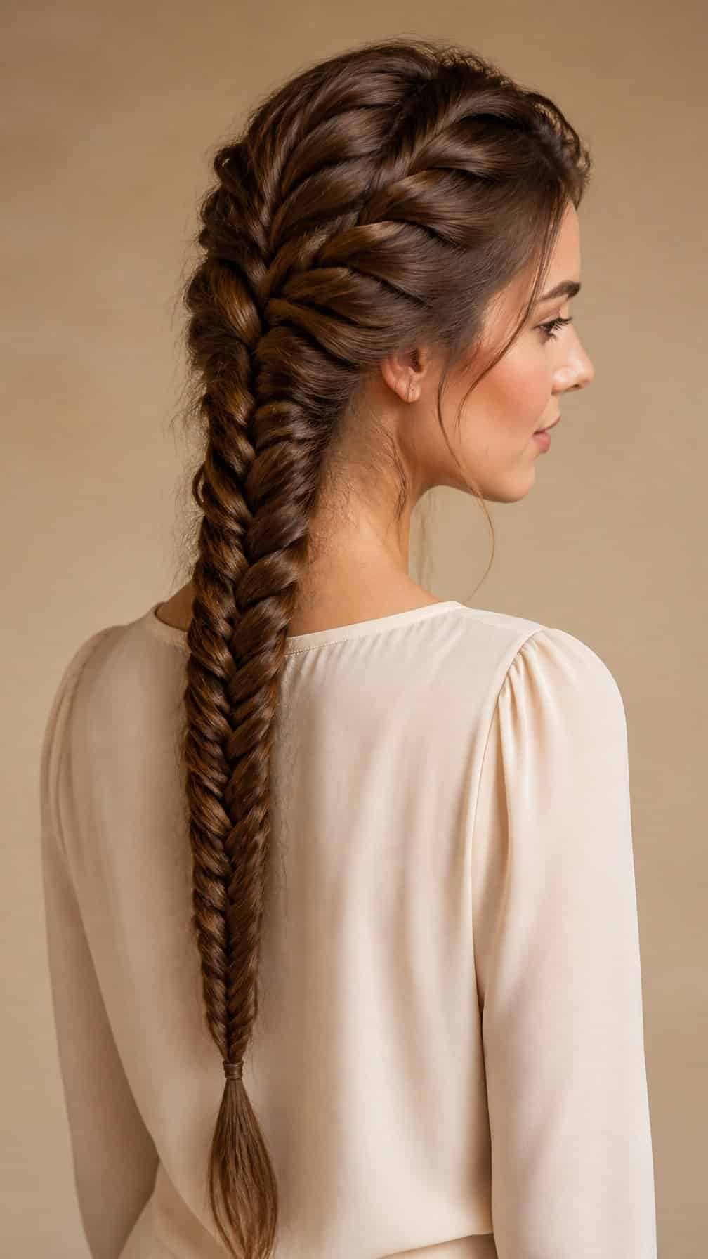 Woman with long brown hair wearing a detailed French fishtail braid down her back.