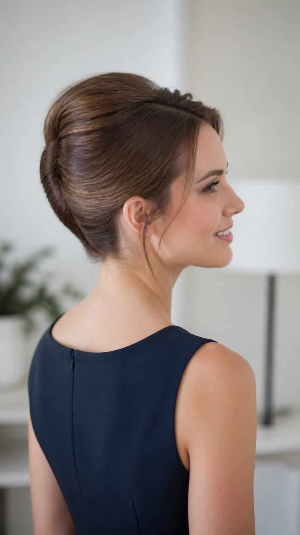 A woman with her hair styled in a classic French twist updo.