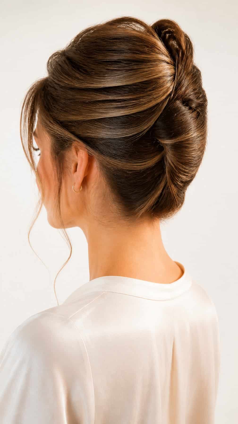 Woman with long hair styled in an elegant French twist updo.