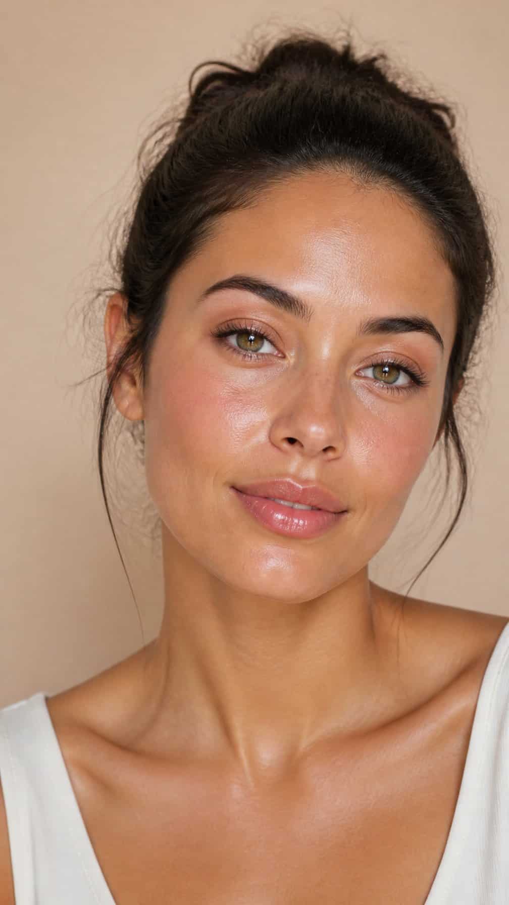 A woman with natural makeup and glossy lips poses against a neutral background.