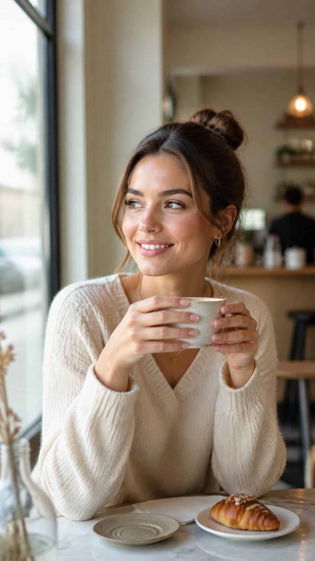 A woman with natural makeup enjoys coffee at a cozy café table.